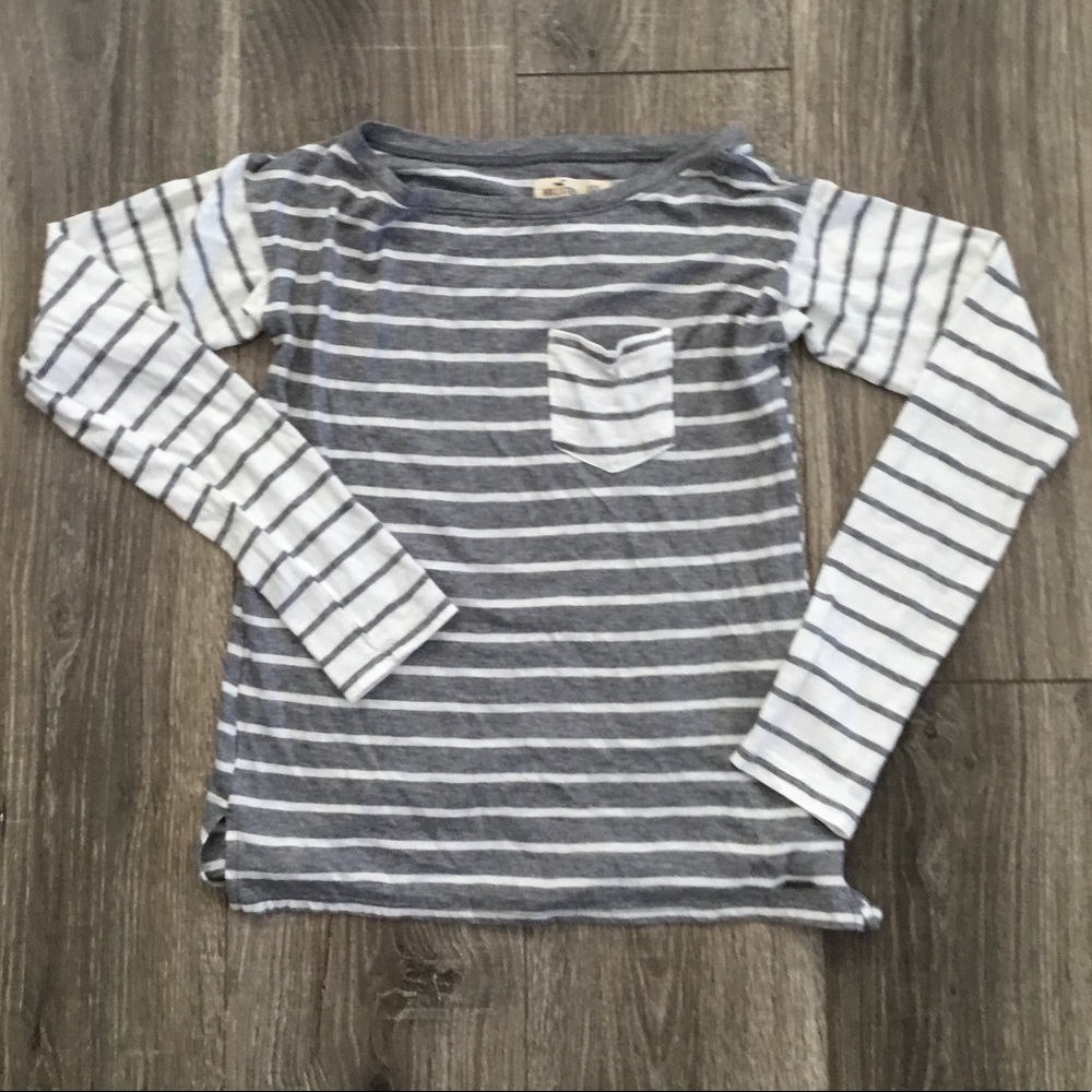 Hollister Gray White Stripe Long Sleeve Tee Sz XXS
